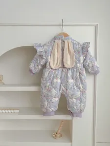 Cute baby toddler floral rabbit ear padded romper winter warm jumpsuit outerwear.