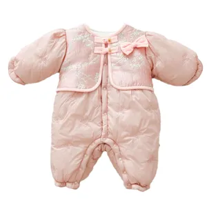 Cute baby winter padded romper with Chinese style bow embroidery for newborn infant girls.