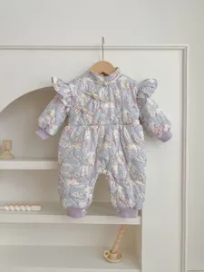 Detailed view of baby winter floral quilted romper with cute rabbit print and ruffles.