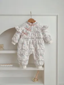 Infant baby girl winter quilted jumpsuit with cute rabbit floral print and Chinese knots.