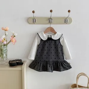 Toddler baby girl polka dot suspender dress with white long sleeve blouse set detail