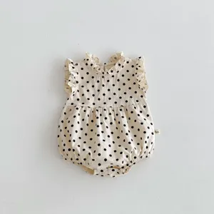 Infant baby girl sleeveless polka dot romper bodysuit with ruffles and stand collar summer wear