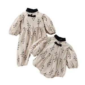 Cute baby girl Chinese style floral romper, spring infant long sleeve jumpsuit set.