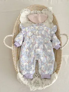 Baby winter padded romper with cute rabbit ears and floral print, perfect for infant girls.