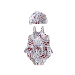 Baby girl floral one-piece swimsuit with matching hat cute summer beachwear newborn swimwear