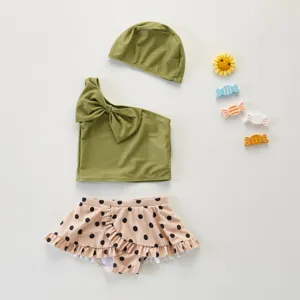 Baby Meisjes Eén Schouder Strik Stippen Gesplitst Badpak Set Peuter Zomer Strand Zwemkleding