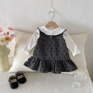 Baby girl autumn long sleeve white top and grey polka dot ruffle vest dress set detail.