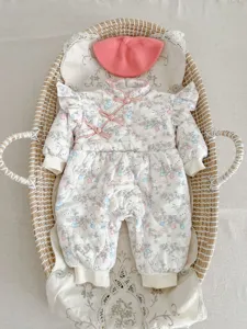 Adorable baby girl winter fleece padded romper with sweet floral rabbit print and matching pink hat.