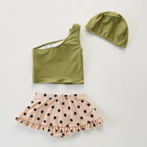 Badpak set voor meisjes met schouderband en vrolijke stip print inclusief badmuts