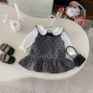Toddler girl autumn long sleeve blouse and polka dot vest dress two-piece set cute style.