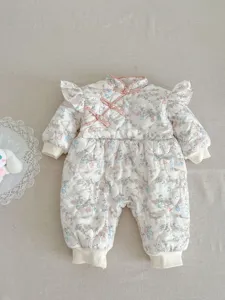 Infant baby girl cute rabbit floral padded fleece jumpsuit winter warm snap romper