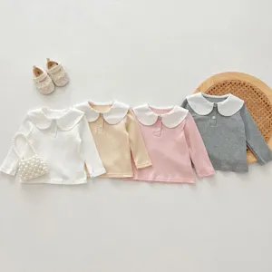 Baby toddler sweet doll collar long sleeve top infant cute solid ribbed cotton t-shirt