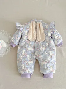 Cute baby girl floral quilted jumpsuit with bunny ears long sleeve winter romper warm