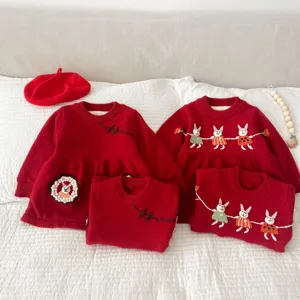 Girls red knitted sweater dress handmade cute rabbit embroidery baby toddler warm winter clothing