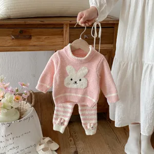 Infant winter velvet rabbit pajama set, cute pink top and striped pants, cozy home wear.