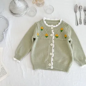 Baby girls knitted cardigan with floral embroidery, sweet scalloped collar and long sleeves.