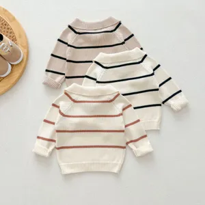 Infant striped lapel knit sweater detail, cozy winter baby pullover with soft ribbed cuffs.