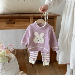 Cute infant baby girl autumn winter fuzzy purple rabbit sweater and pants loungewear two-piece set