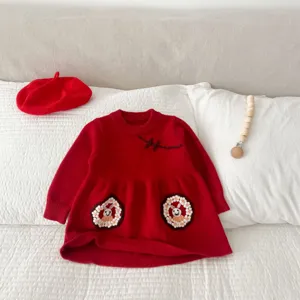 Toddler girl red knit dress cute rabbit embroidery winter baby first birthday party outfit clothes