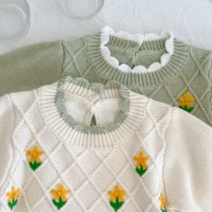 Detailed view of baby handmade floral knit cardigan featuring exquisite embroidered flowers and collar.