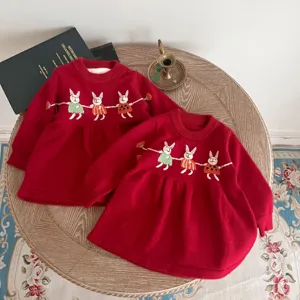 Cozy toddler red knit dress with cute embroidered rabbits and warm fleece lining for baby girl.