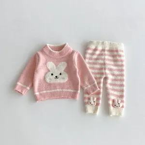 Cute baby rabbit fleece winter pajama set toddler girls pink striped sleepwear 2pcs