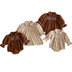 Infant baby girl corduroy dress and romper set, cute smocked embroidery long sleeve outfit.