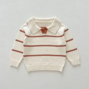 Infant striped lapel knit sweater, cozy baby pullover top for autumn and winter daily wear.