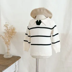 Baby knit sweater with black white stripes, lapel collar and cute style for autumn winter.