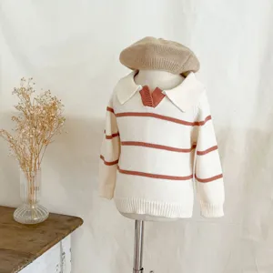 Infant striped knit sweater detail featuring cozy lapel collar and soft texture baby autumn wear