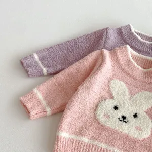 Cute infant baby winter fleece sweater top with rabbit face design, soft and warm homewear.