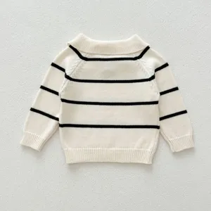 Cute infant striped knit sweater with lapel collar, cozy long sleeve pullover top for autumn.