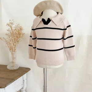 Infant baby knit sweater, pink striped long sleeve pullover with lapel collar for autumn.