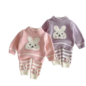 Infant autumn winter plush sweater set, cute bunny top and striped pants, cozy sleepwear.