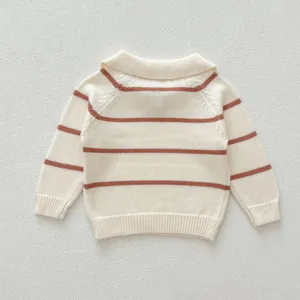 Infant striped knit sweater, lapel collar long sleeve pullover for baby boys and girls detail.