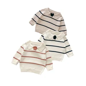 Cute baby striped knit sweater set, long sleeve collared pullover for toddlers autumn wear