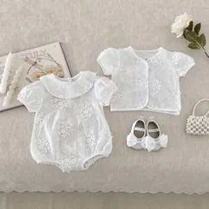 Infant baby girl summer floral clipped romper cardigan set with sweet doll collar design.