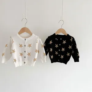 Baby girl knit cardigan with gold stars, long sleeve cotton sweater top for infants detail.