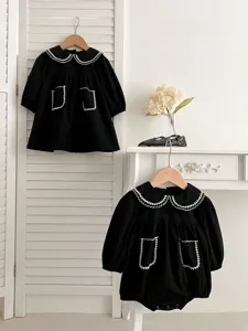 Neonato Neonata Manica Lunga Tuta Vestito Stile Coreano Tinta Unita Colletto Pizzo Cotone Vestito Abbinato Sorella