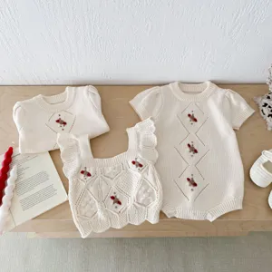 Infant knitted cotton baby romper top set with handmade embroidery and hollow out design detail