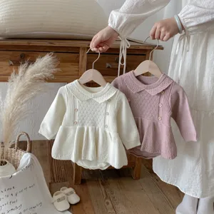 Baby Girls Knit Romper Infant Long Sleeve Ruffle Princess Bodysuit Cute Fall Winter Casual Daily Romper