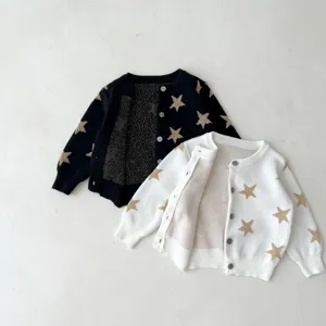 Infant knitted cardigan detail, soft cotton fabric, cute gold star pattern, long sleeves buttons.