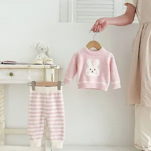 Baby soft velvet pajama set with cute rabbit motif, warm fleece winter toddler suit.