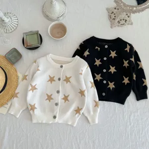 Infant knitted cardigan detail, cute star pattern, soft cotton long sleeve baby sweater top.