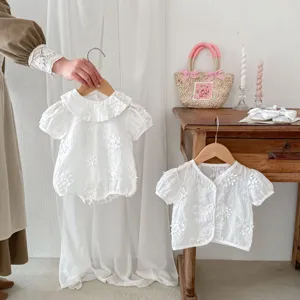 Infant baby summer white embroidered romper and cardigan set, sweet toddler cute clothing.