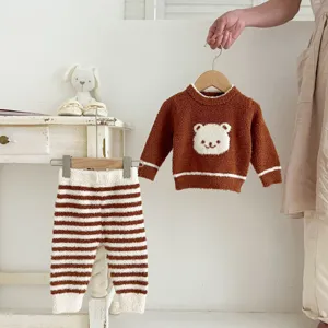 Toddler cozy fuzzy plush pajama set brown bear sweater and striped pants for autumn winter