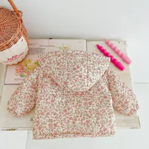 Niño lindo floral con capucha acolchado chaqueta de invierno abrigo de algodón cálido