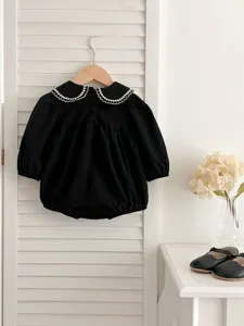 Grazioso body tutina neonata manica lunga monocolore con elegante colletto ricamato