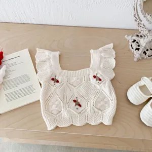 Cute baby knitted ruffle top with sweet embroidery design, soft cotton material for infant daily wear.