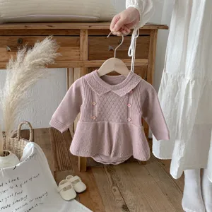 Baby girl knit romper dress with long sleeves, sweet collar, and ruffled hem for autumn.